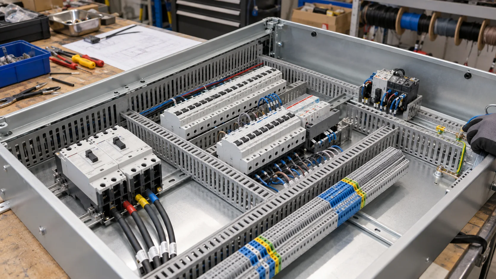 Electrical distribution cabinet with connected conductors
