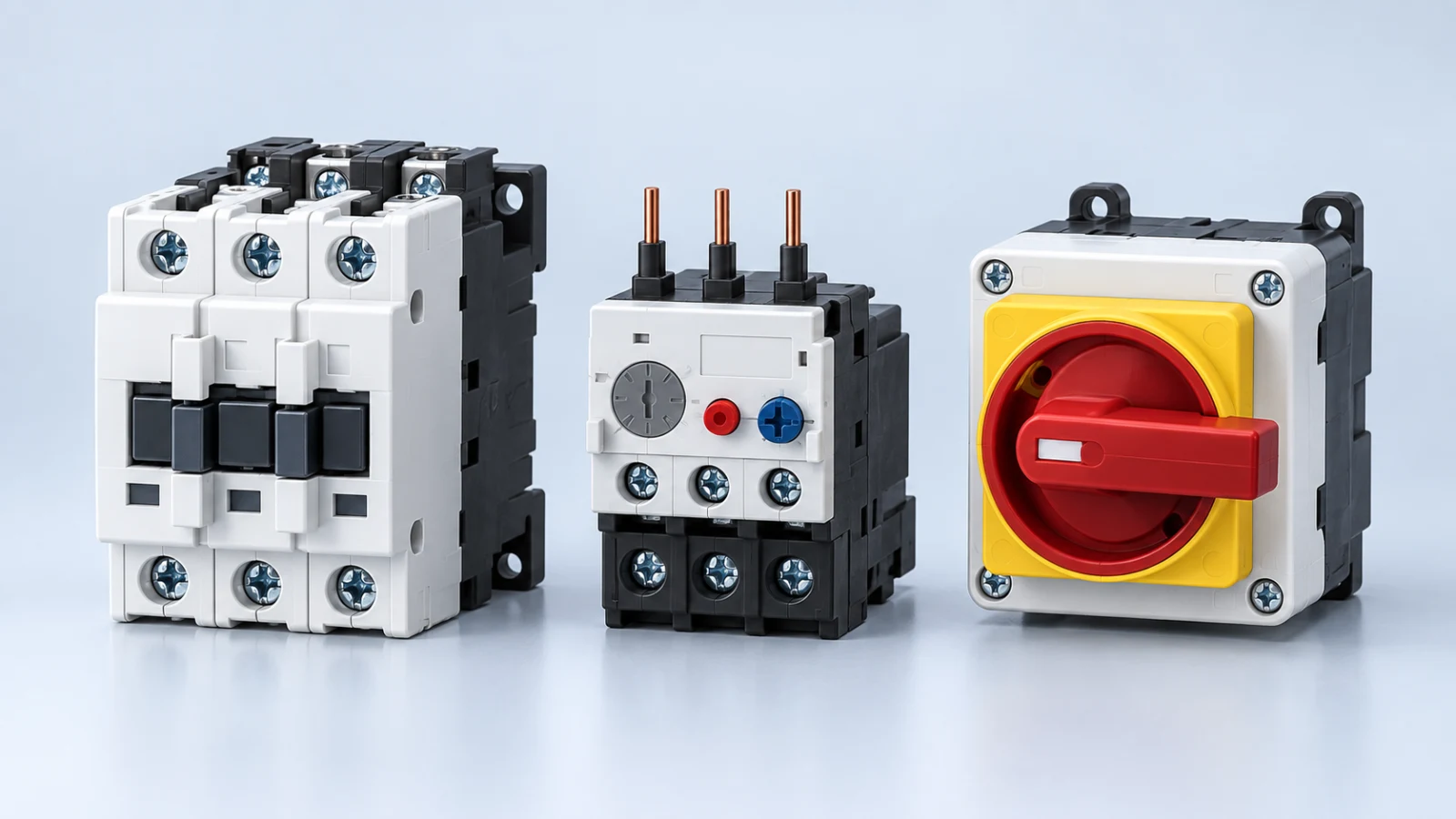 Representative AC contactor, motor protection relay and rotary load-break switch