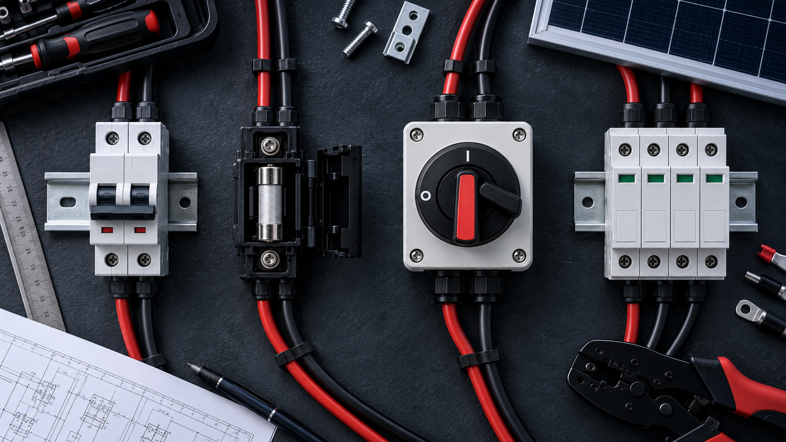 DC circuit breaker, fuse holder, isolator and surge protective device arranged on an electrical workbench
