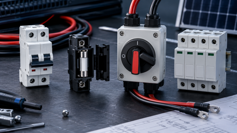 DC protection components for solar and industrial systems displayed on a workbench