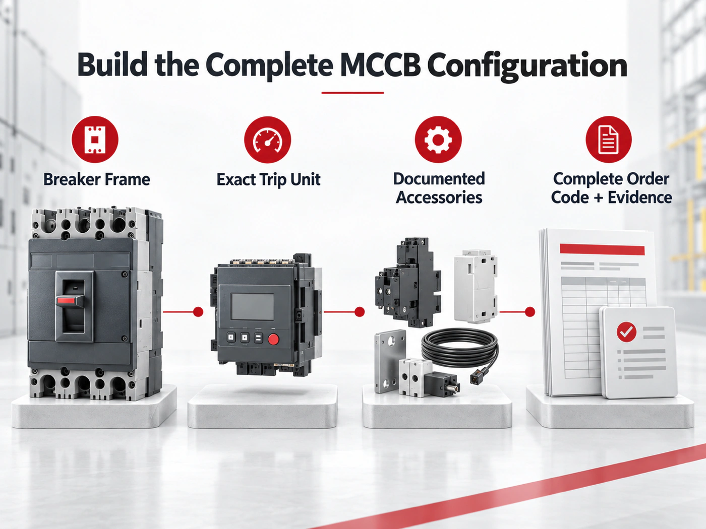 Conceptual layers of an MCCB configuration: frame, trip unit and accessories