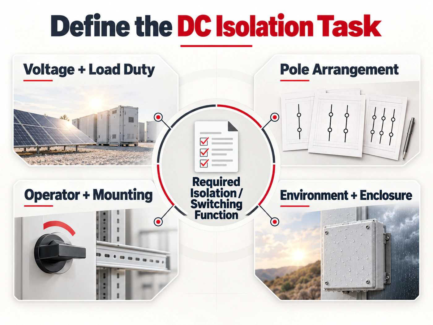 DC isolator selection map covering duty, poles, operator and environment
