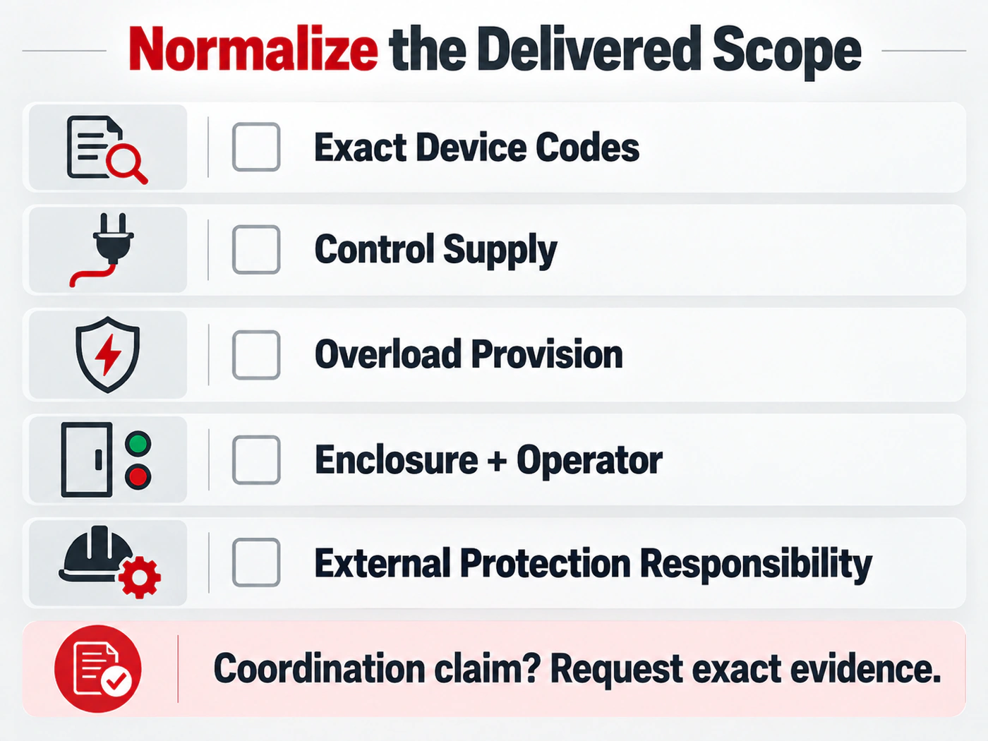 Delivered-scope checklist for AC contactor and motor starter offers