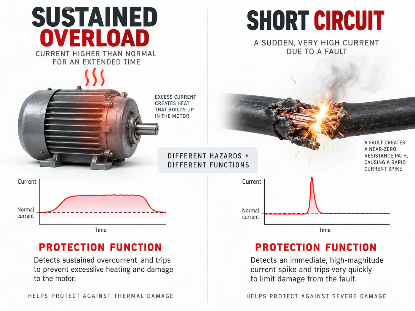 Protection-role comparison between sustained overload and short-circuit interruption