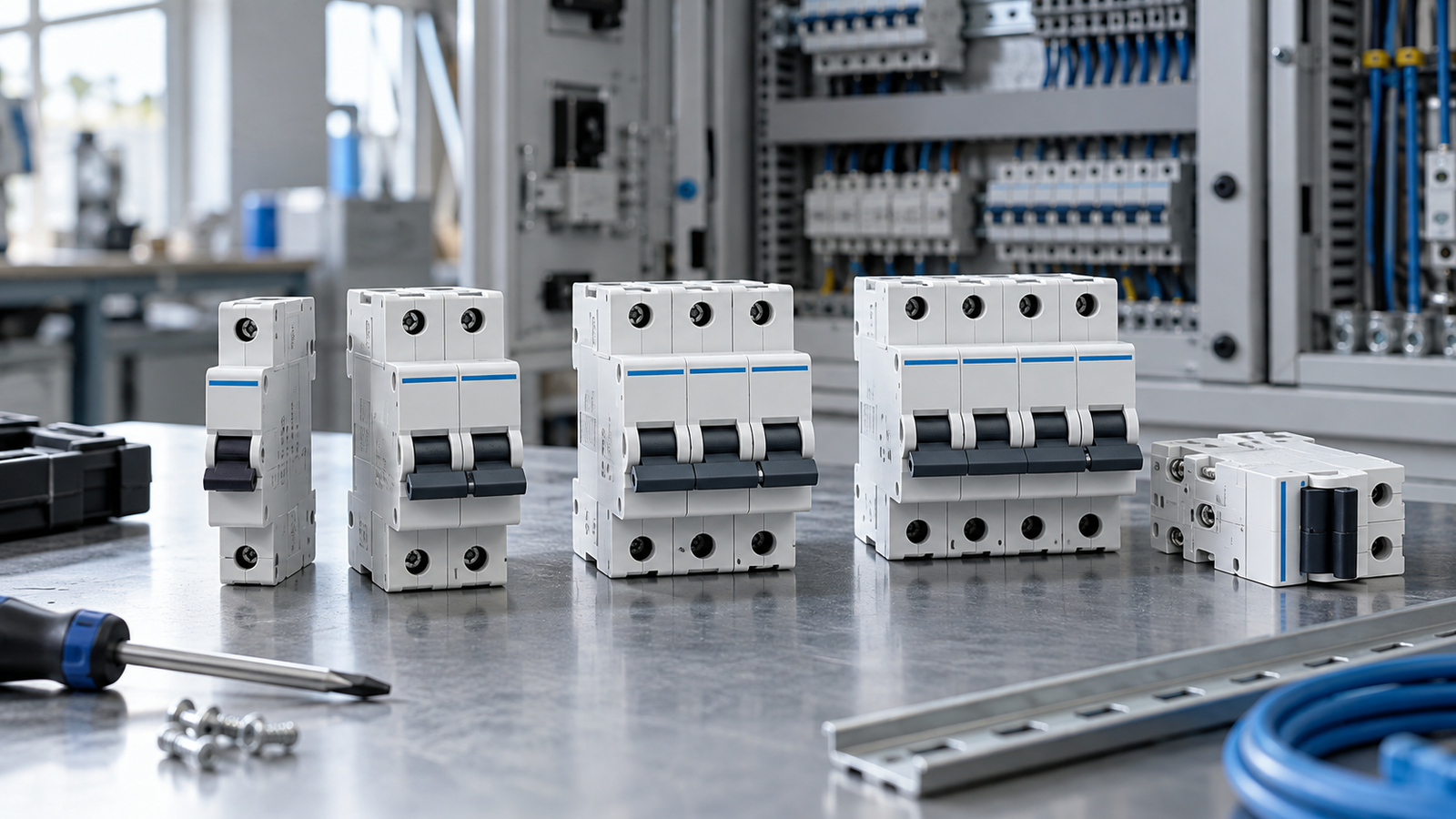 Representative AC miniature circuit breaker families in an industrial electrical workshop