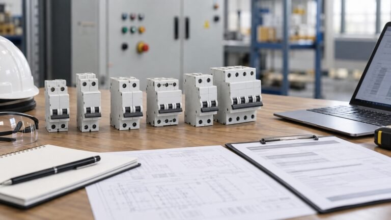 AC miniature circuit breakers and procurement documents in an industrial electrical workspace