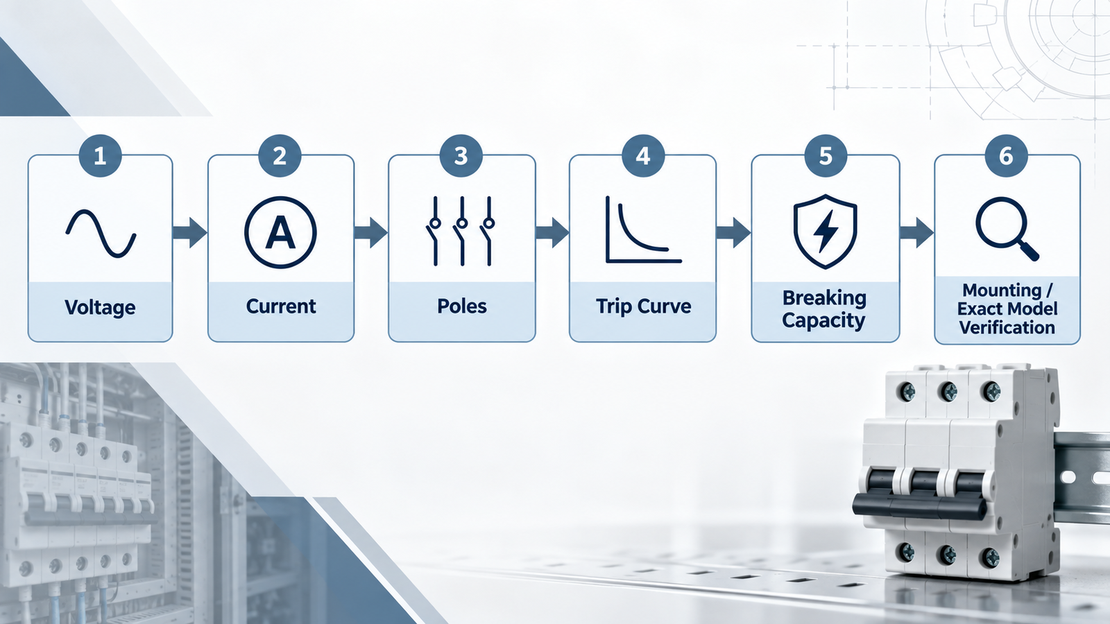 AC MCB selection flow using voltage current poles trip curve breaking capacity mounting and exact model verification