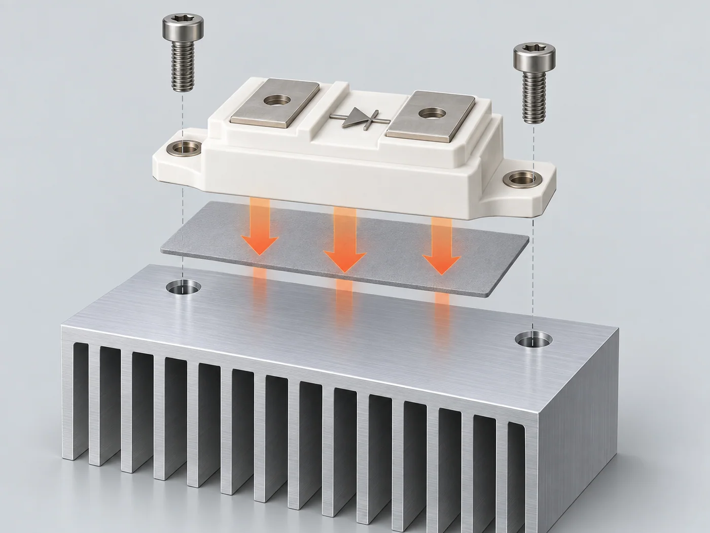 Exploded thermal stack of a diode module, interface pad and heatsink