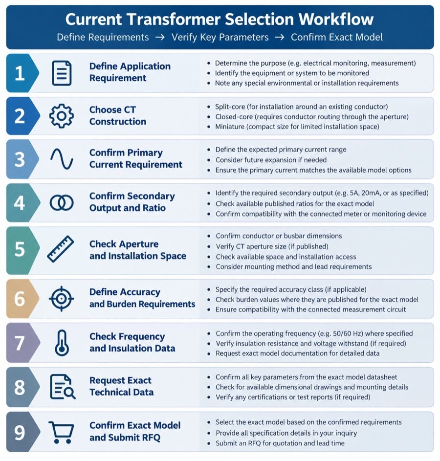 Current transformer verification workflow from application requirements through construction ratio output and exact model confirmation