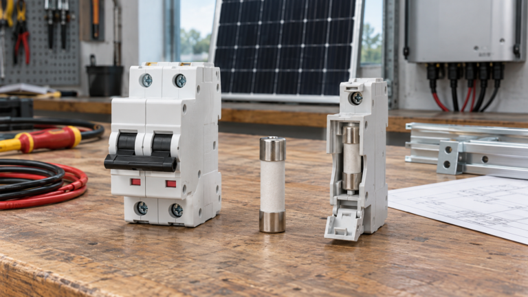 DC circuit breaker fuse link and fuse holder in a solar electrical workshop