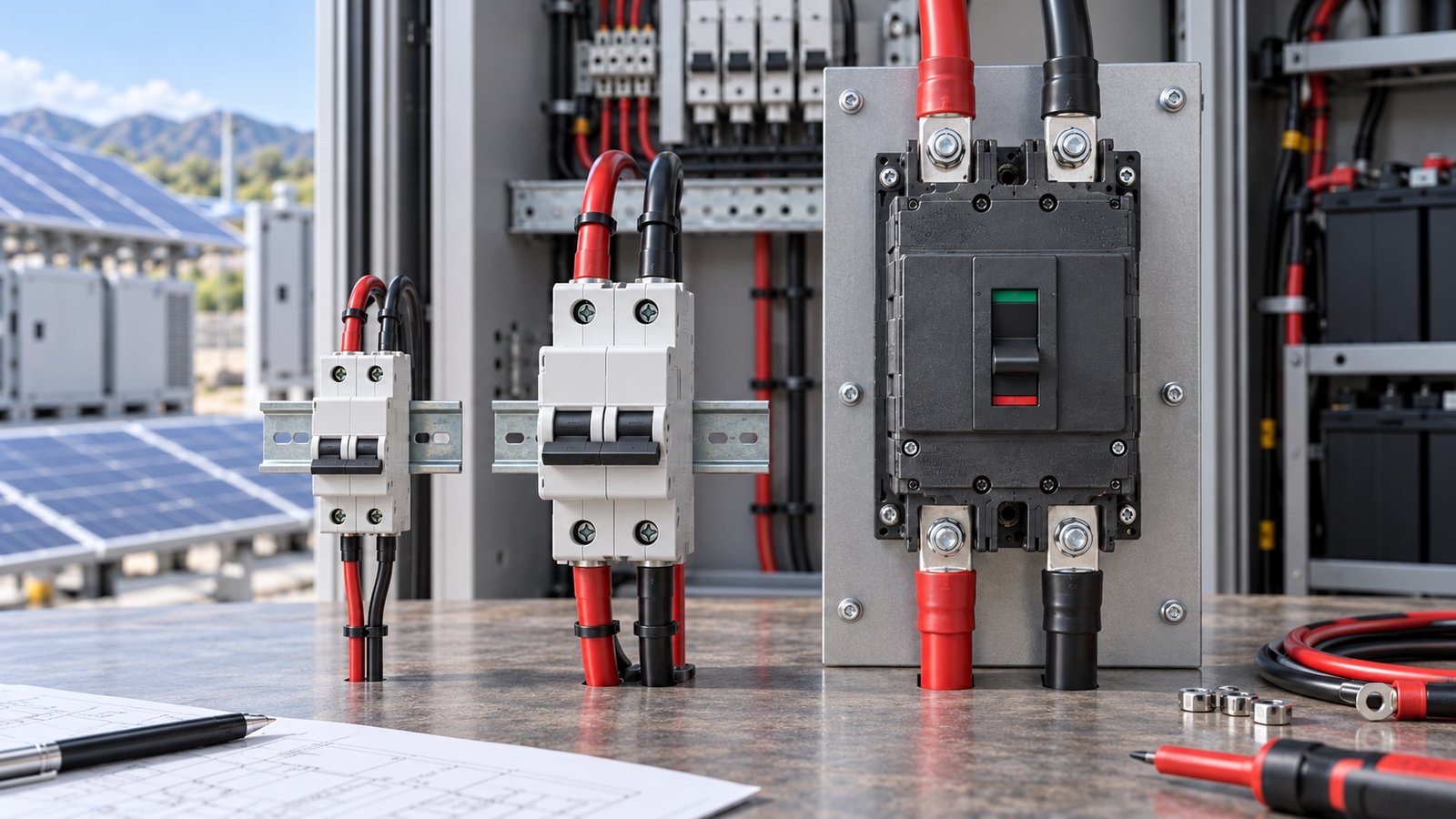 Representative DC breaker product families on a solar electrical workbench