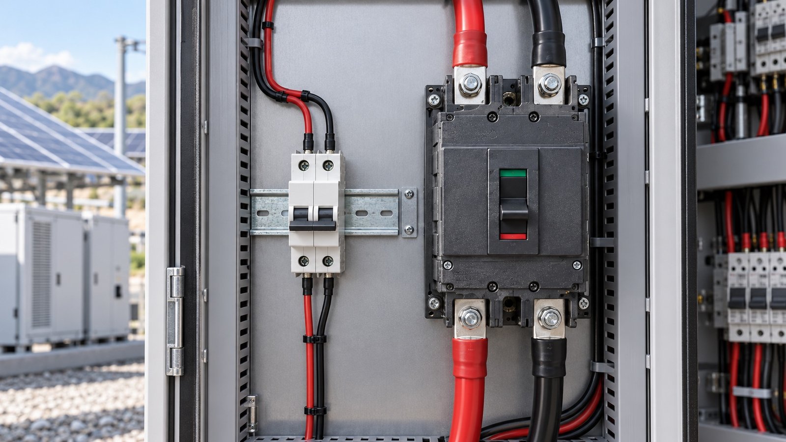 DIN-rail DC MCB and molded-case DC MCCB comparison in a solar DC distribution cabinet
