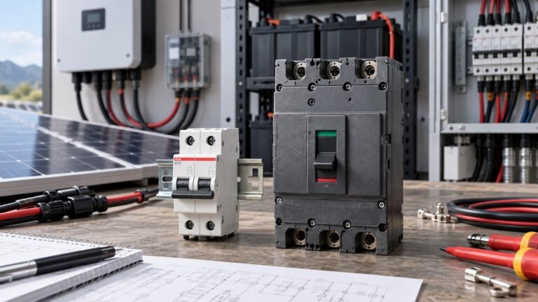 DC MCB and MCCB circuit breakers in a solar and industrial DC electrical environment