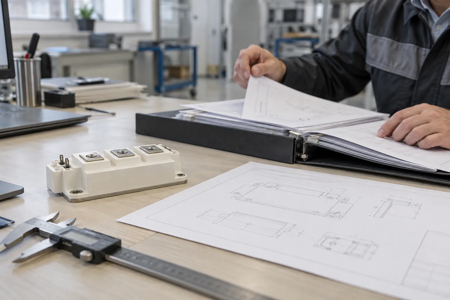 مهندس يقوم بفحص وحدة طاقة لا تحمل علامة تجارية ورسومات فنية