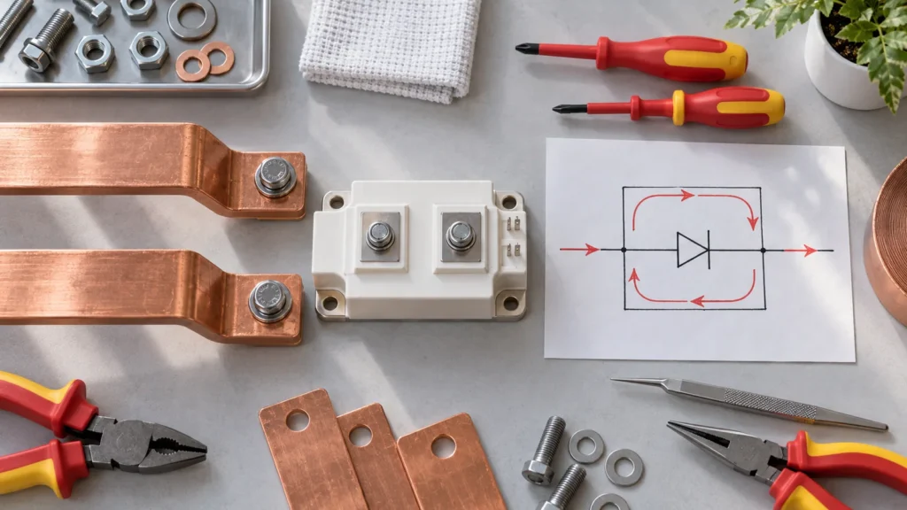 High-power diode module beside copper busbars on an engineering workbench