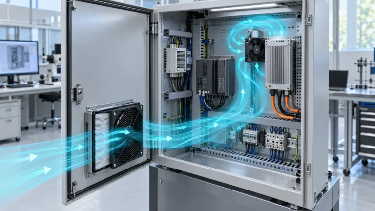 Demonstração do fluxo de ar em um gabinete elétrico com um ventilador com filtro e um ventilador axial interno