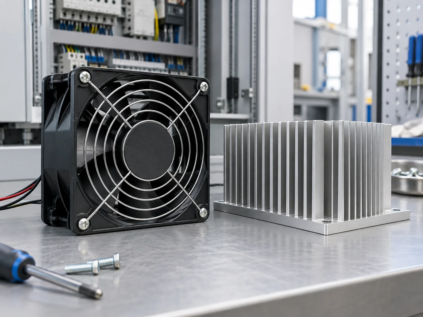 Przykładowy wentylator chłodzący szafki i aluminiowy radiator na stole warsztatowym