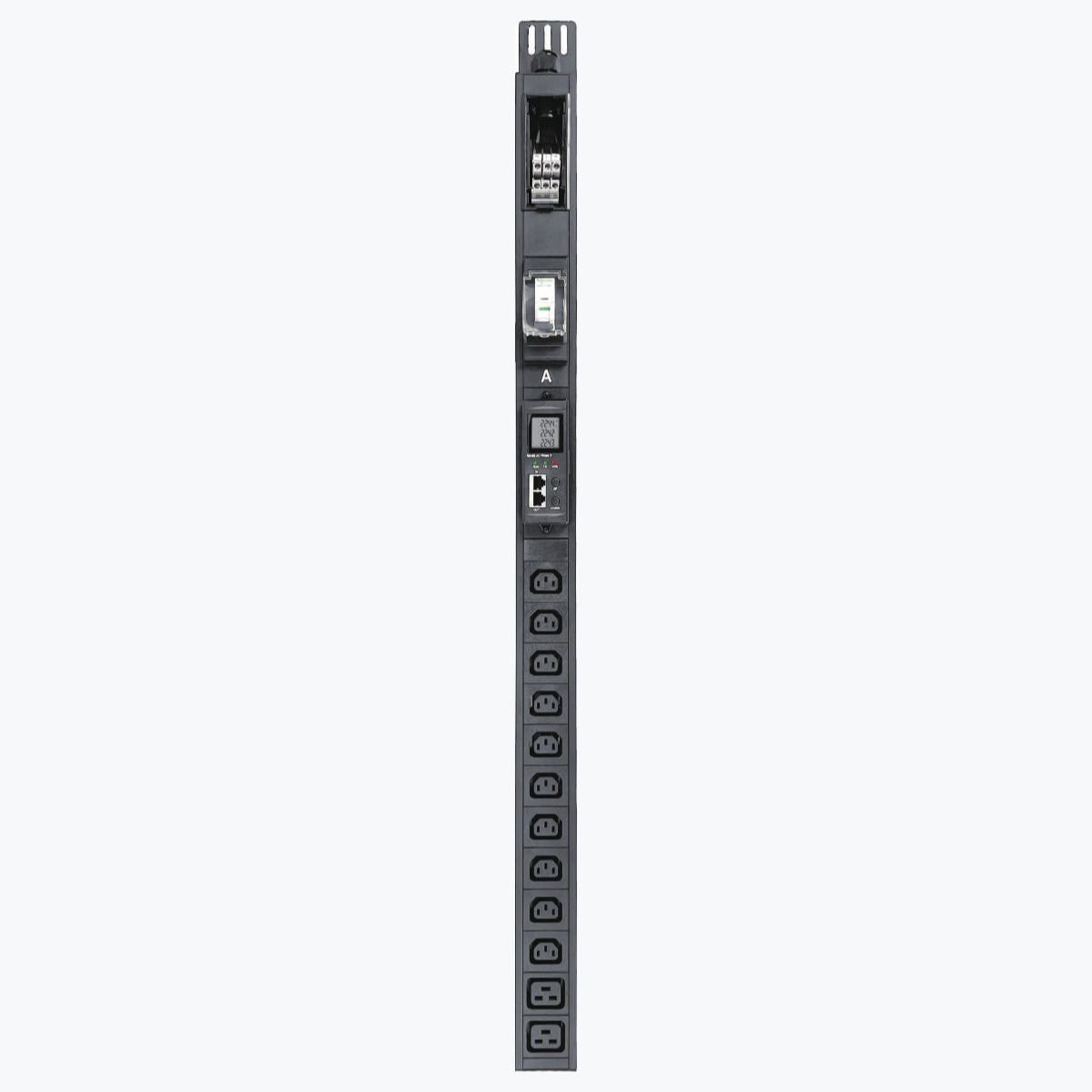 Vertical 0U local-display metered rack PDU fully contained on a square neutral background