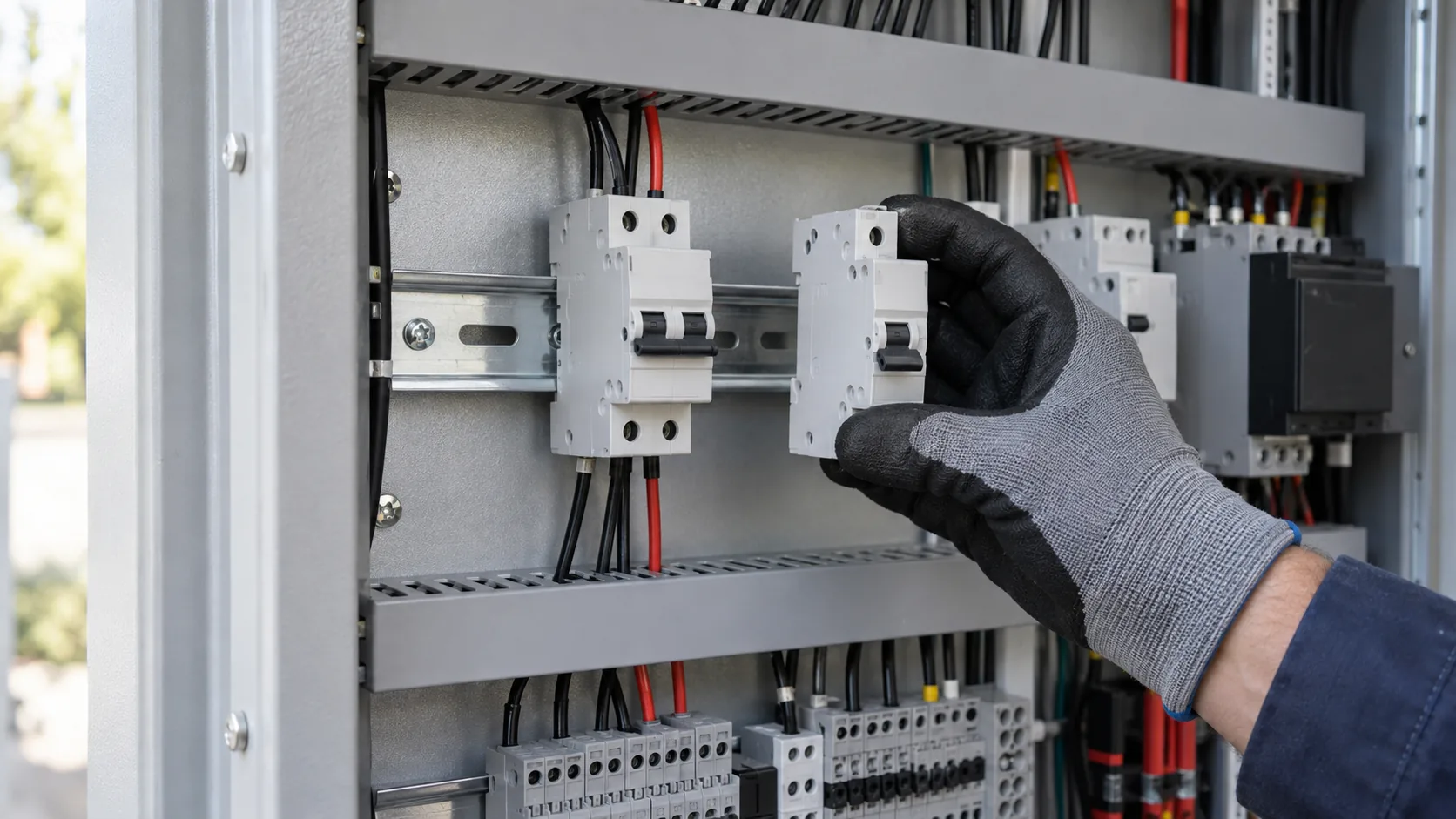 Un tehnician compară diferite tipuri de întrerupătoare de circuit în interiorul unui tablou electric