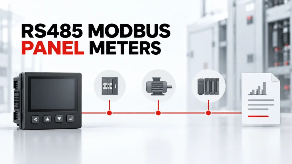 Hình ảnh minh họa đồng hồ đo bảng điều khiển RS485 Modbus kèm các mô-đun thanh ghi và mô-đun mạng