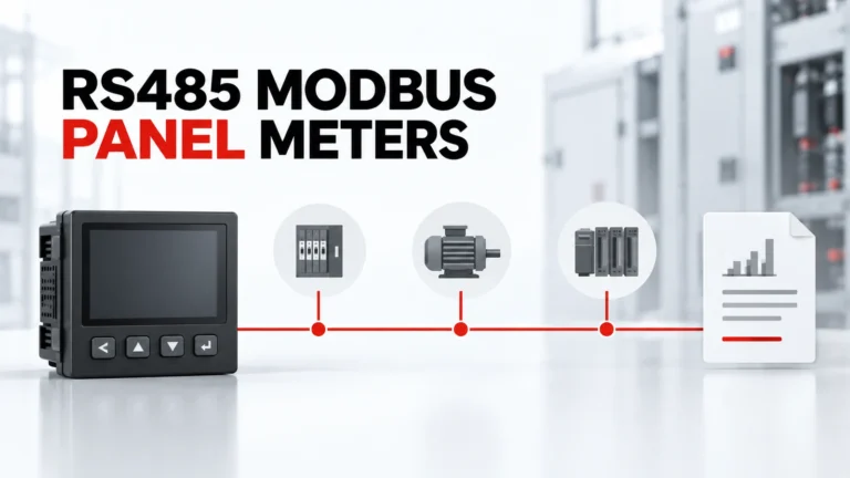 Hình ảnh minh họa đồng hồ đo bảng điều khiển RS485 Modbus kèm các mô-đun thanh ghi và mô-đun mạng