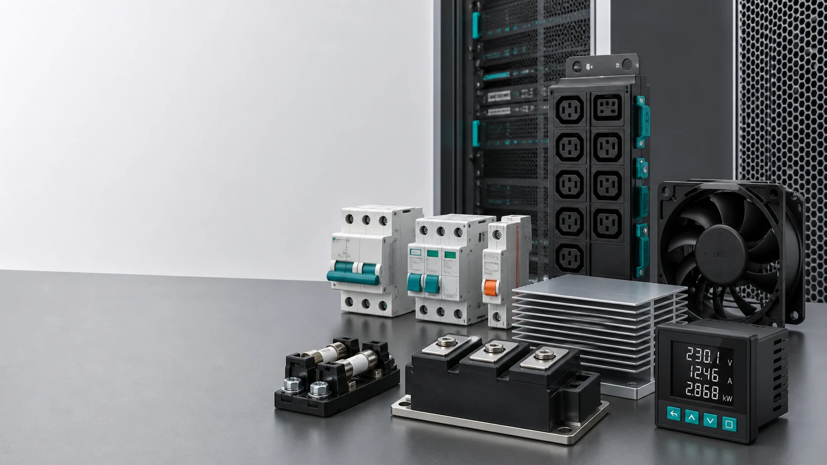 DC protection, rack power, semiconductor, heatsink, cooling and monitoring components