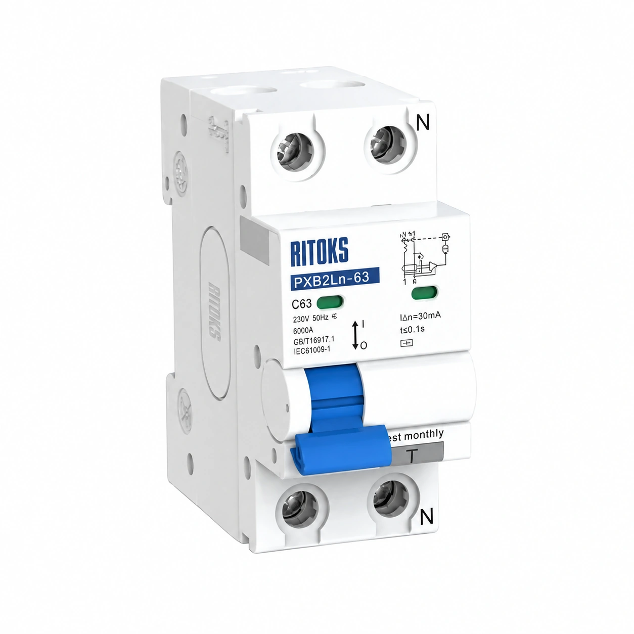RITOKS PXB2Ln-63 Fehlerstromschutzschalter mit Überstromschutz auf weißem Hintergrund