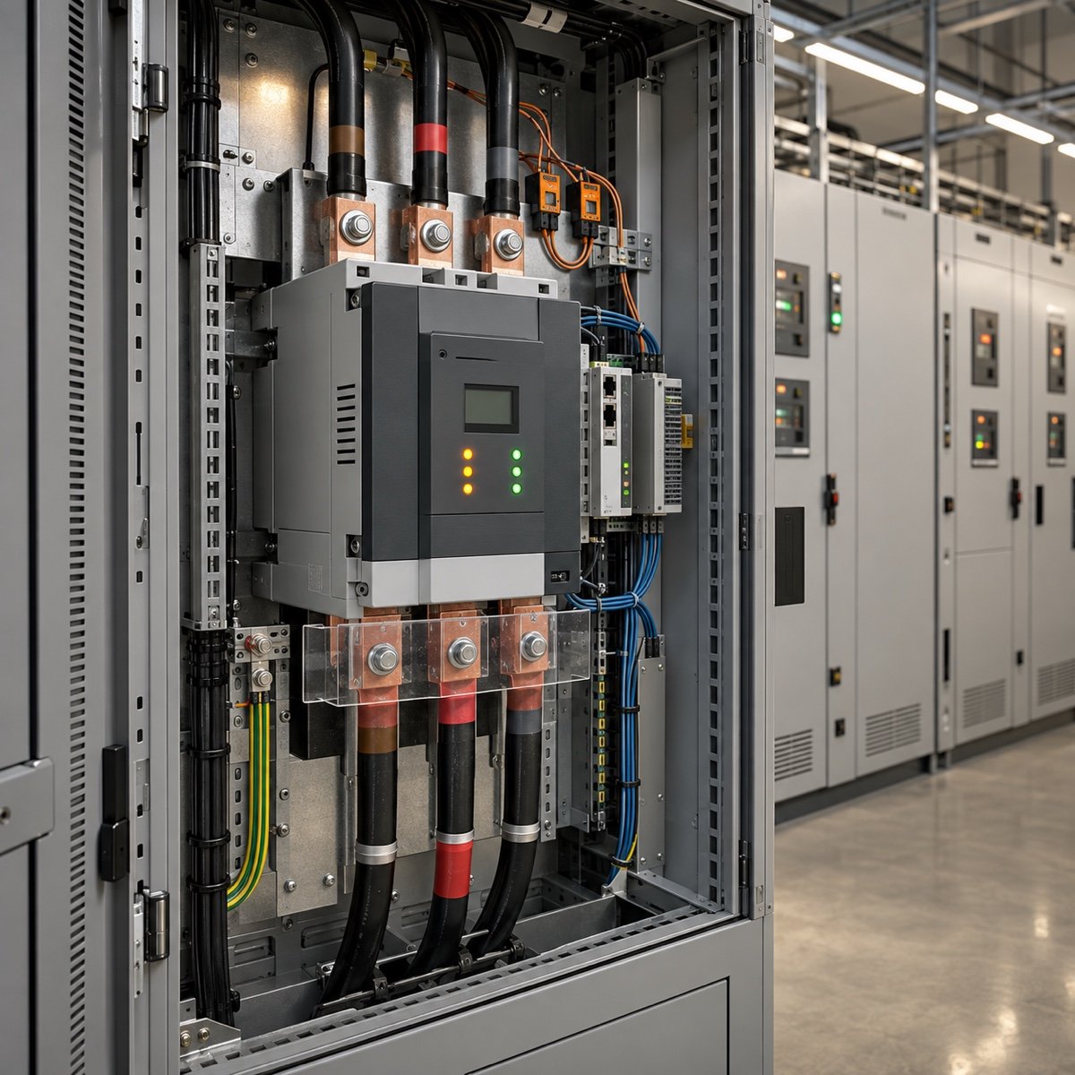 Commercial building distribution cabinet with intelligent current-limiting and electrical fire protection equipment