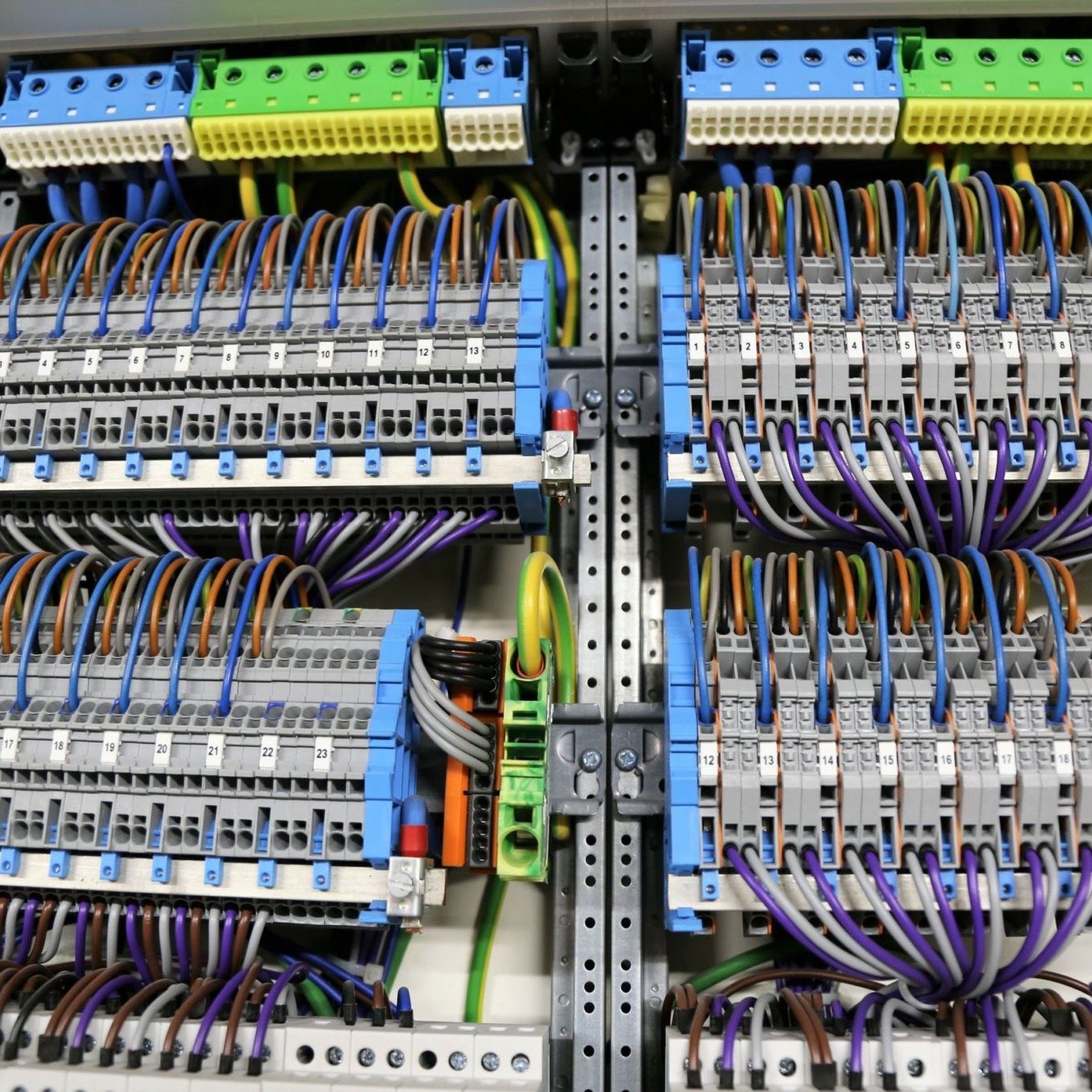 Industrial control panel terminal wiring used as application context for DIN rail terminal blocks