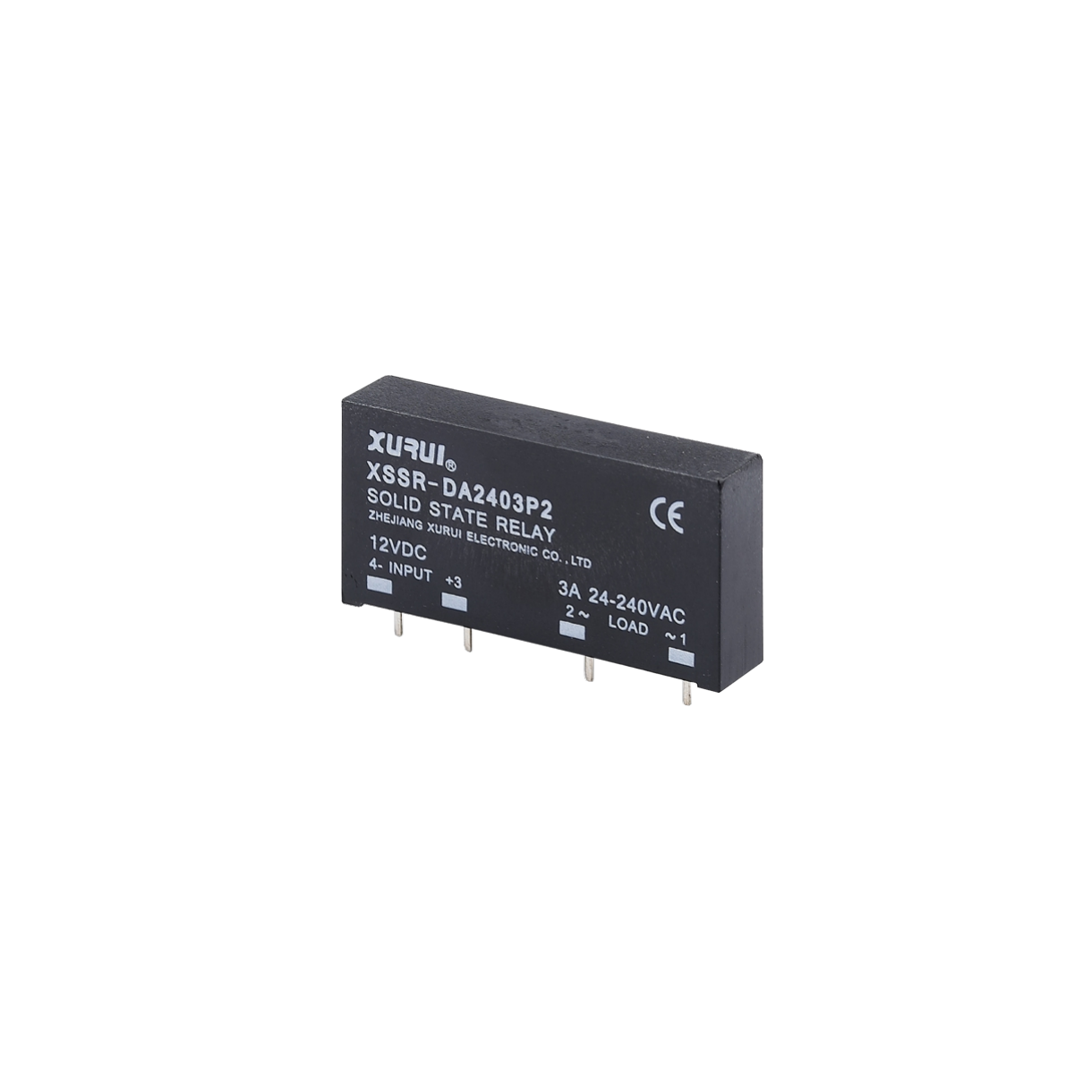 XSSR-DA2403P2 PCB-mount AC solid state relay on a square white background