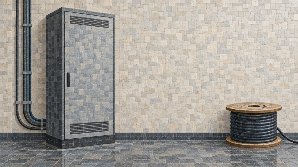 Ceramic mosaic illustration of a generic closed telecom cabinet and separate cable spool against a pale utility-room wall.