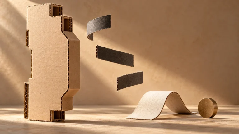 Corrugated cardboard module sculpture beside three detached dark paper strips, an ivory arch and a bronze disk on sandstone