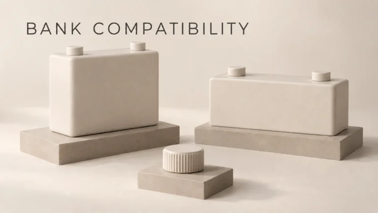 Two separate ceramic battery-bank sculptures and a detached rotary-knob motif on individual plinths
