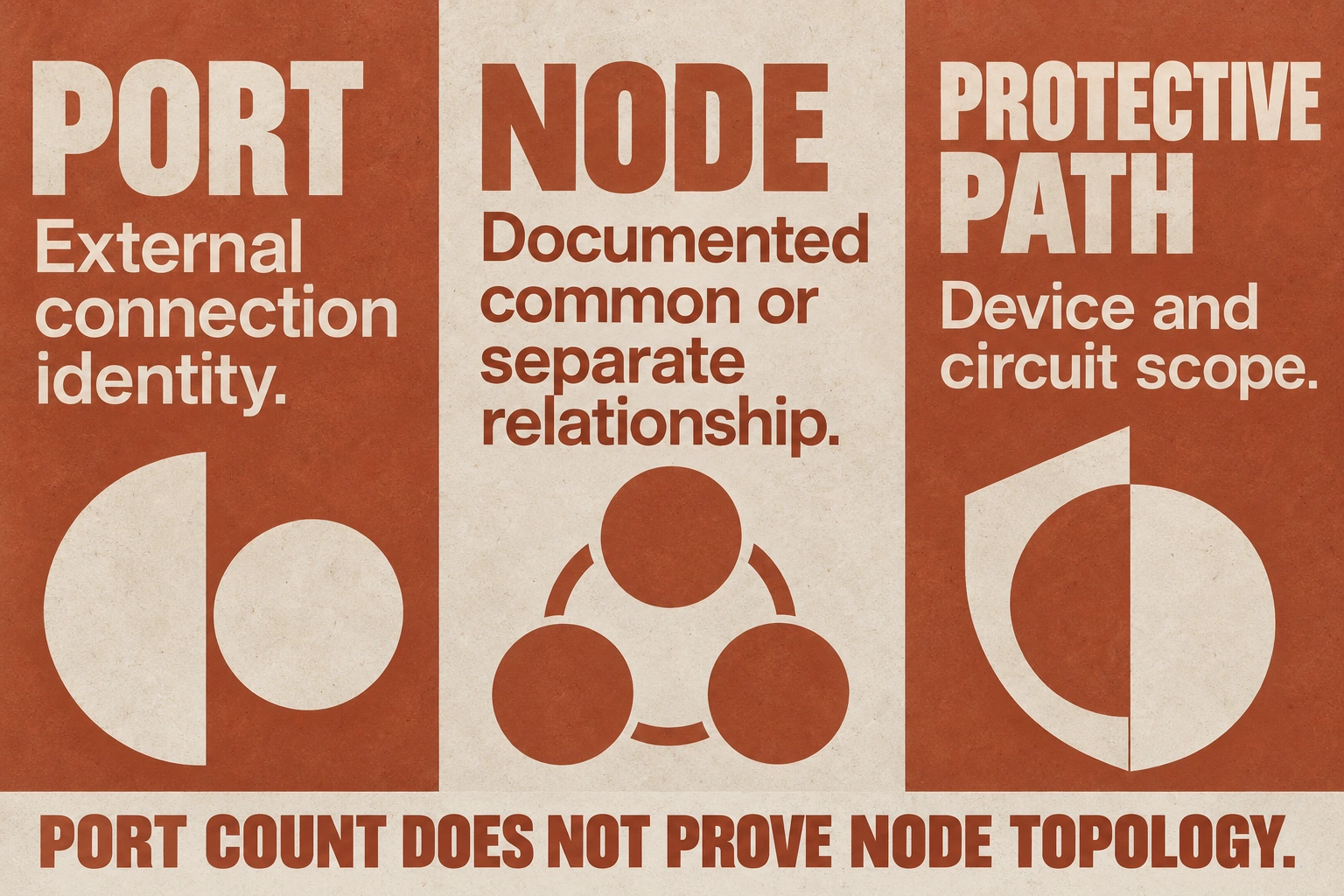 Ports identify external connections, nodes describe documented relationships, and protective paths need device and circuit scope.