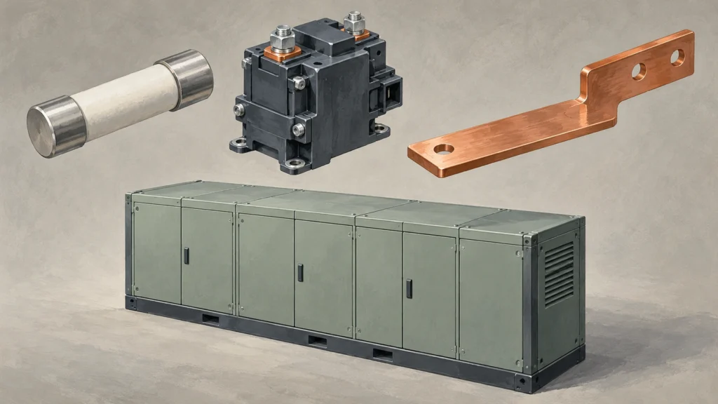 Gouache axonometric illustration of a separated cartridge fuse, contactor and copper busbar above a closed cabinet.