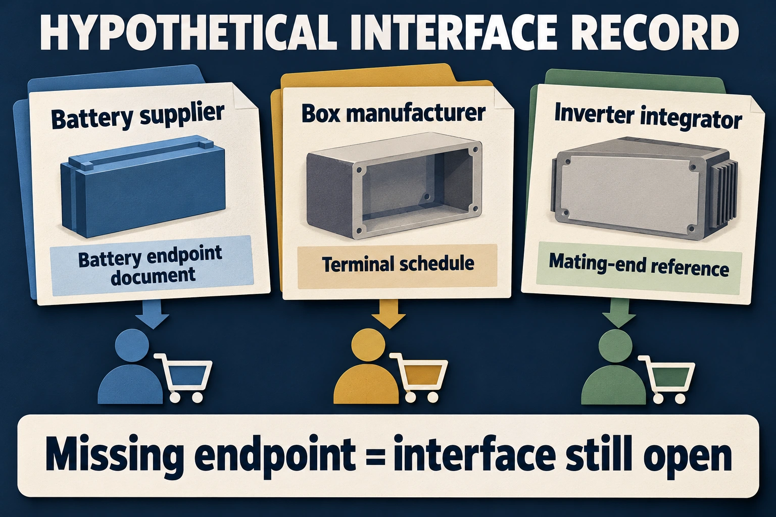 Three hypothetical document owners map battery endpoint, box terminal schedule and inverter mating-end reference