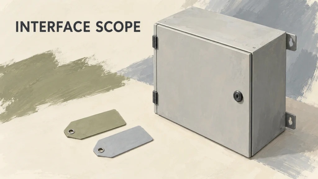 Gouache illustration of a closed generic electrical enclosure with two separate blank identification tags