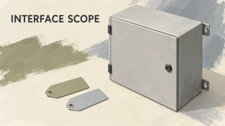 Gouache illustration of a closed generic electrical enclosure with two separate blank identification tags
