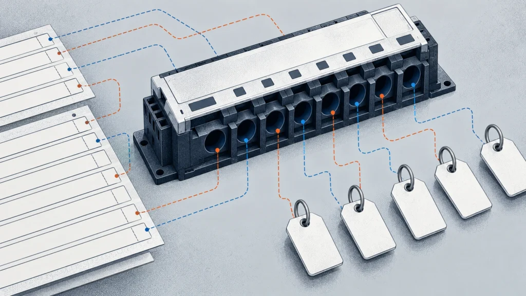 Conceptual stippled illustration of a disconnected monitoring module beside blank schedule strips and identity tags.