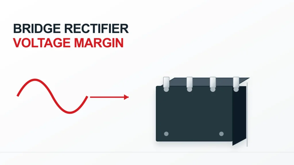 Bridge rectifier module beside an AC source waveform and reverse-voltage evidence cards
