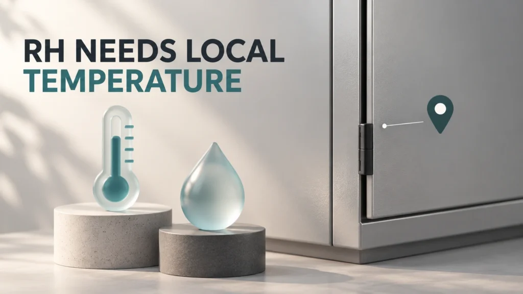 Frosted-glass thermometer and droplet sculptures beside a generic cabinet and location symbol