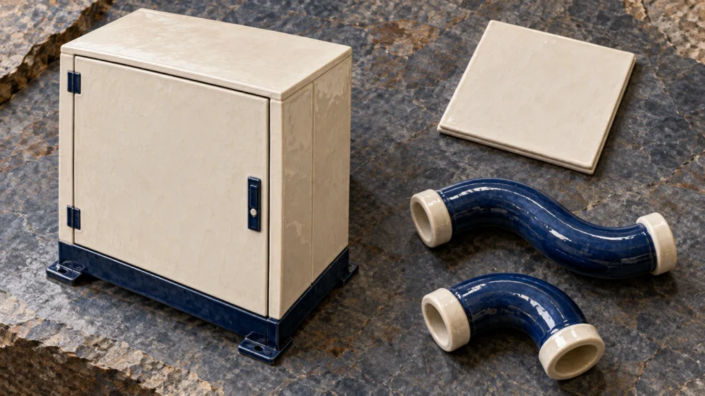 Conceptual glazed ceramic sculpture of a closed industrial cabinet beside two detached curved tube forms and a blank document tile on stone.