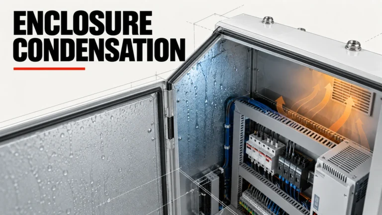 Editorial view of electrical enclosure wall, humidity sensor and dew-point relationship