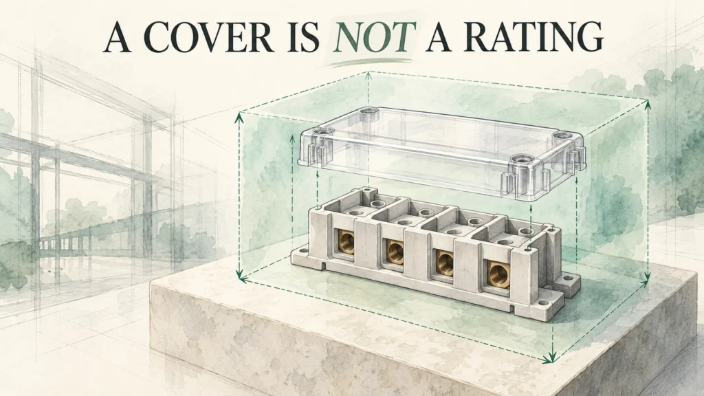 Generic disconnected covered block with floating lid and conceptual boundary in watercolor