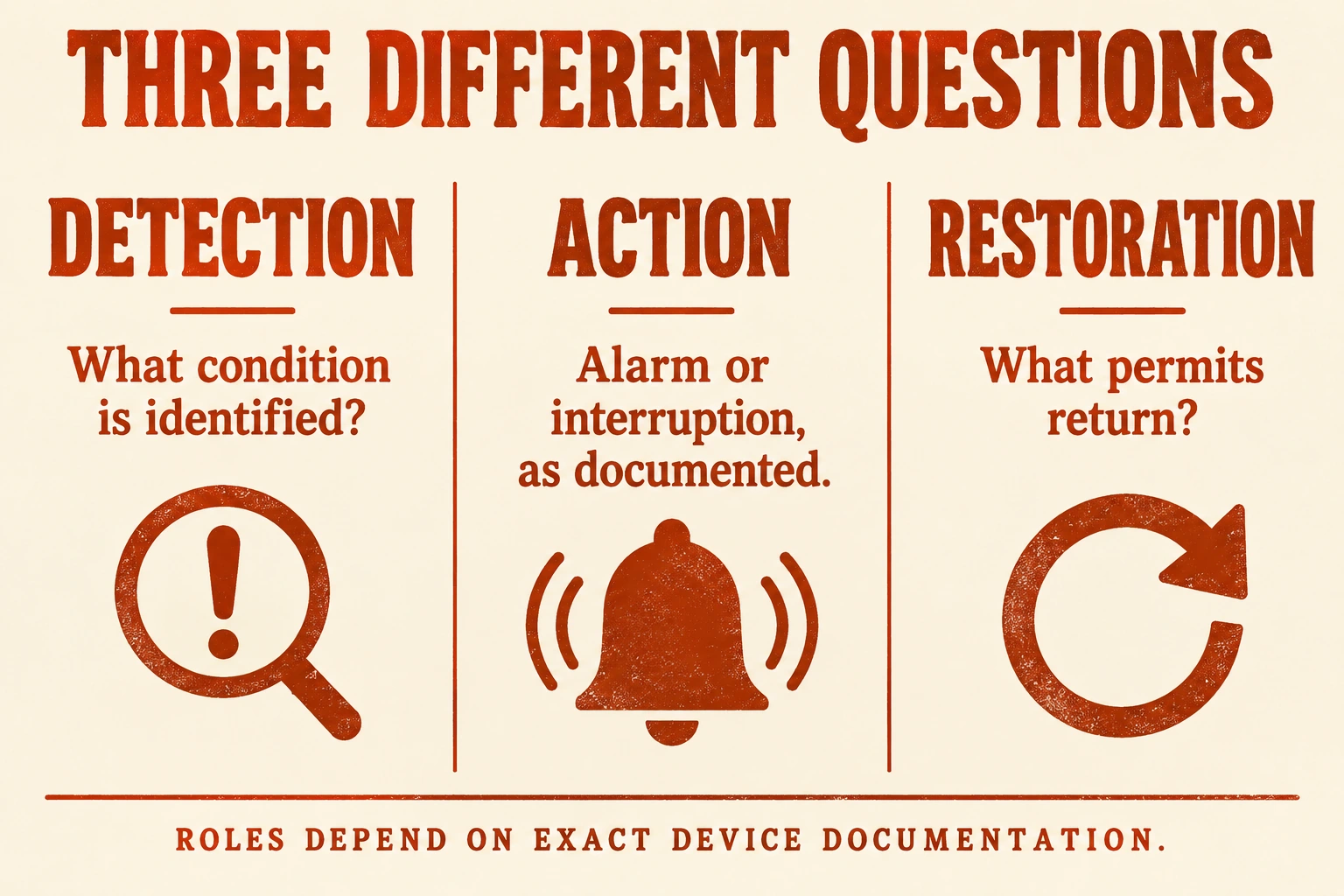 Detection asks which condition is identified, action asks whether a documented alarm or interruption follows, and restoration asks what permits return.
