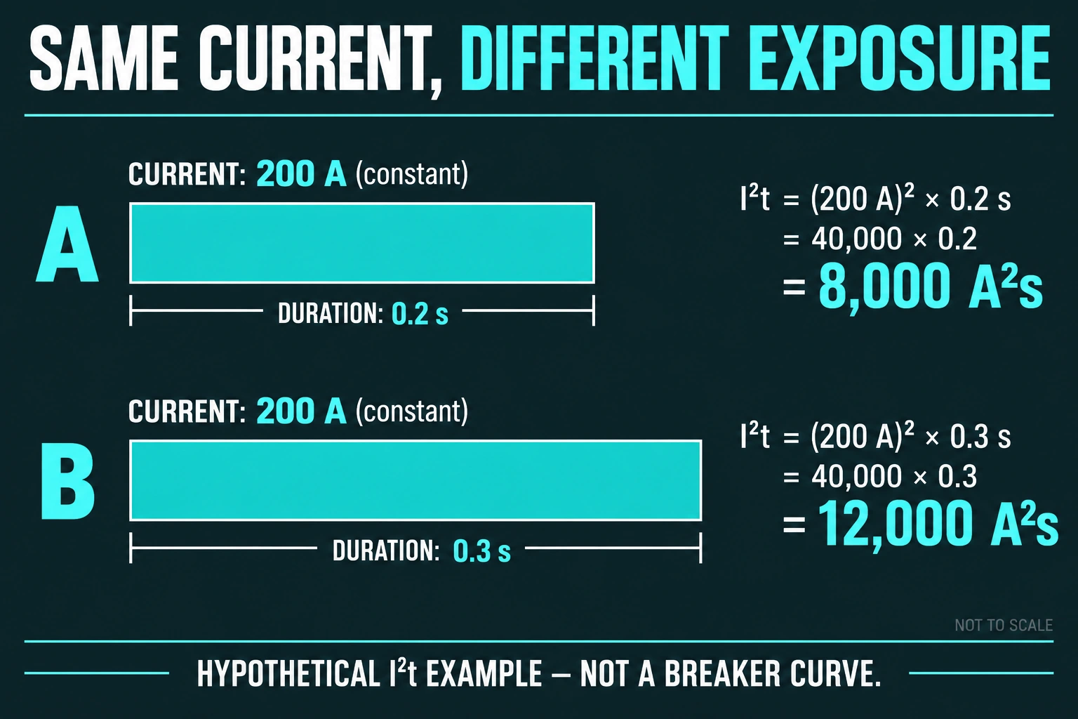 Hypothetical constant 200 ampere exposure for 0.2 seconds gives 8000 ampere-squared seconds; 0.3 seconds gives 12000.