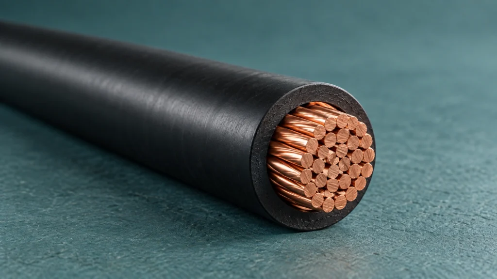 Close conceptual view of a copper-stranded cable cut end inside black insulation on a muted teal surface.
