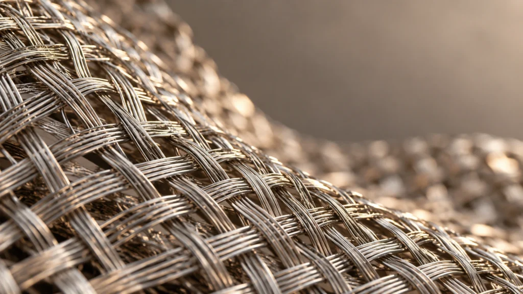 Conceptual woven metal fibers shown in an oblique macro view with neutral steel and warm reflected light