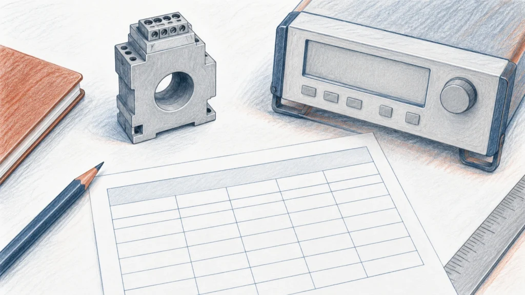 Coloured-pencil desk illustration of a generic disconnected transducer, blank reference instrument and unfilled comparison record.