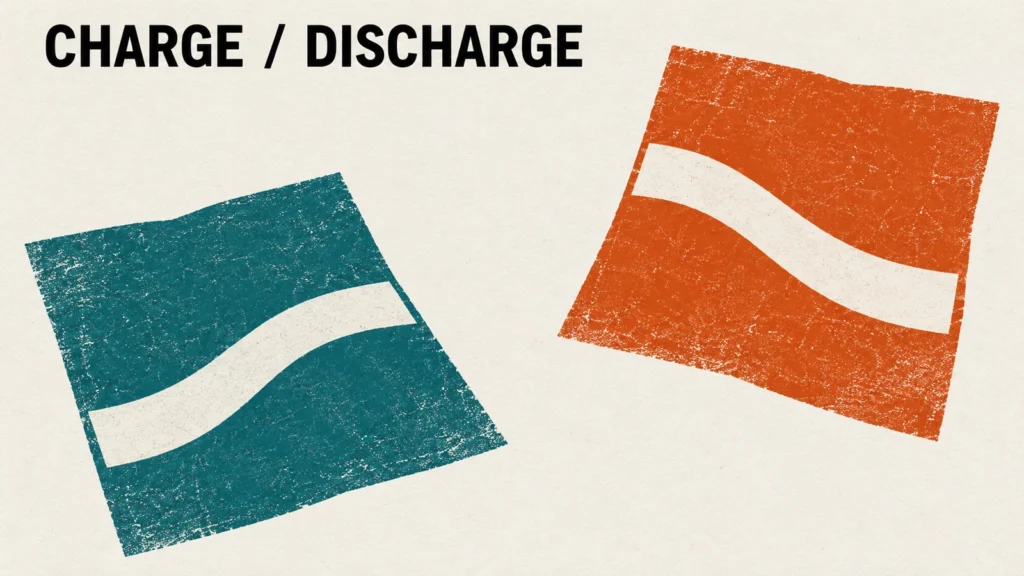Teal and orange printed sheets representing separate charge and discharge record identities